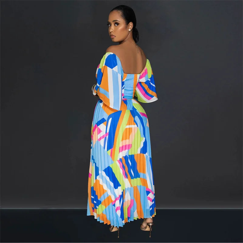 Pleated  Off-the-Shoulder Strapless Geometric Print Long Maxi Dress