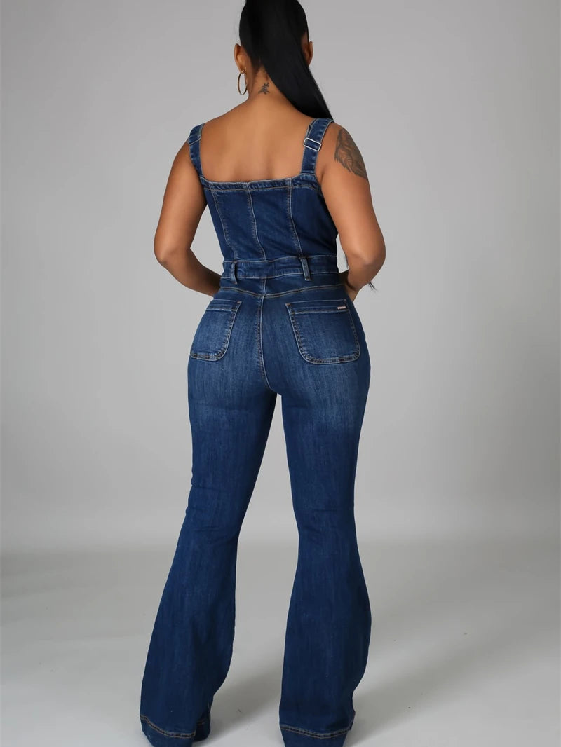 Dark Blue Button-Up Streetwear Spaghetti Strap Flared Pant Bootcut Overall Jean Jumpsuits