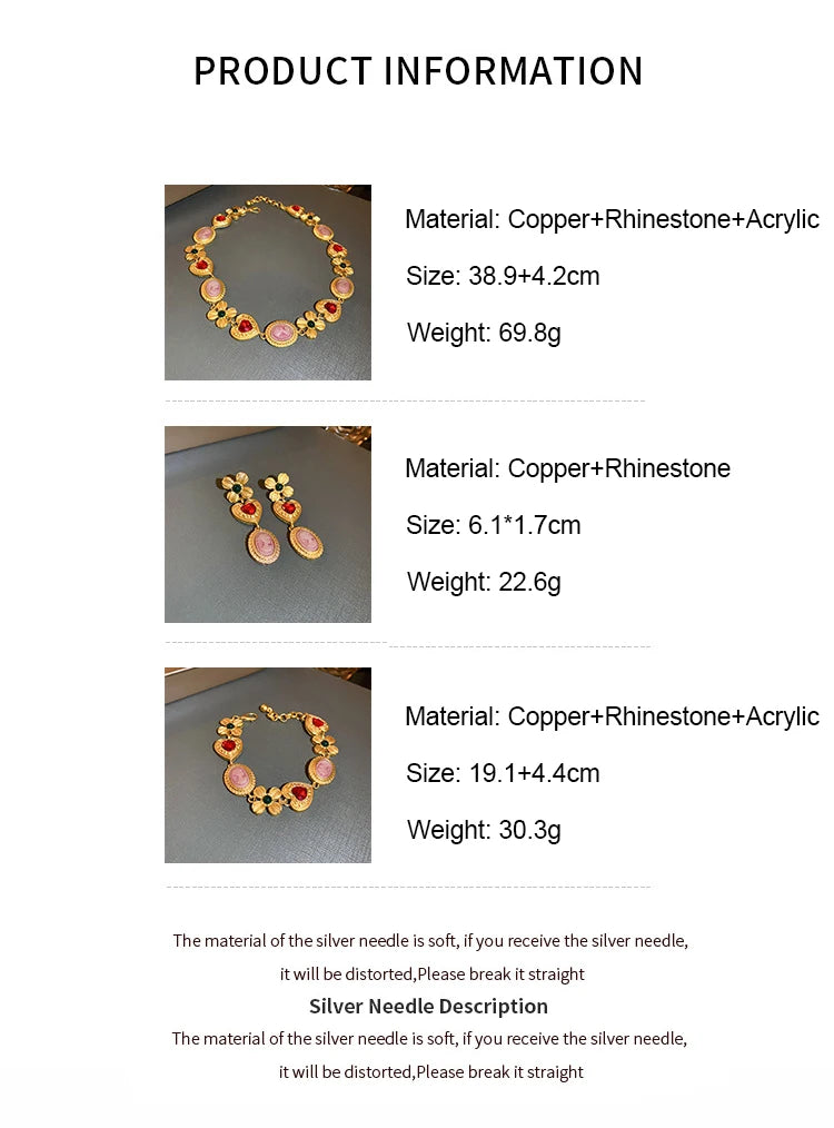 Floral Heart Gold Copper Rhinestone Temperament Collar Choker, Earrings & Bracelet (SOLD AS SEPERATES)