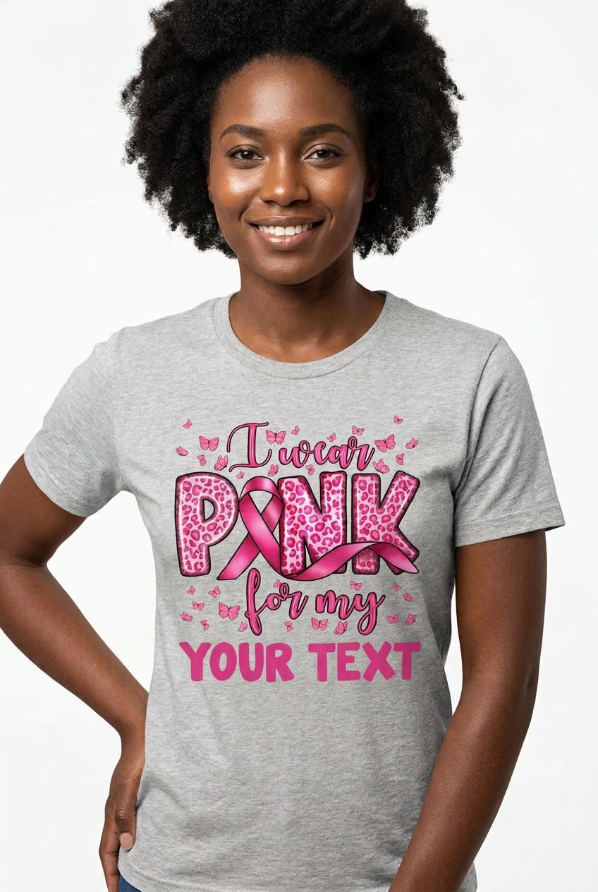 Customized Name "I Wear Pink For My Mom" Short Sleeve Women's Personalized Ribbon 3D Print Breast Cancer Awareness T-Shirt to 3X Plus Size