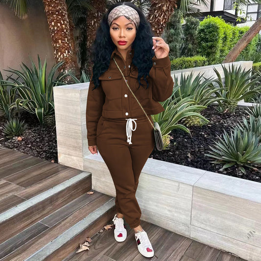 Fleece Women's Button Front Turn-Down Collar Cargo Utility Pocket Jacket  + Drawstring Sweatpants Tracksuit