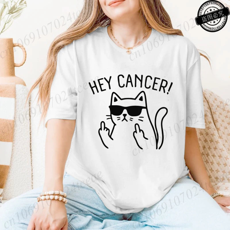 "Hey Cancer" 3D Cat Print Breast Cancer Awareness T-Shirt to 3X Plus Size
