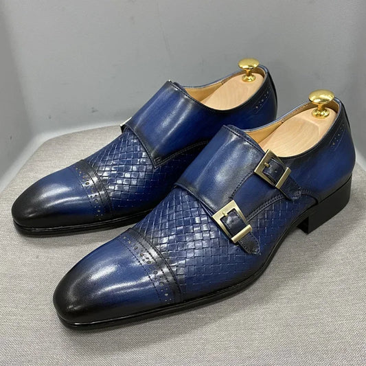 Men's Italian Leather Buckle Strap Design Pointed Toe Oxford Loafer Dress Shoes