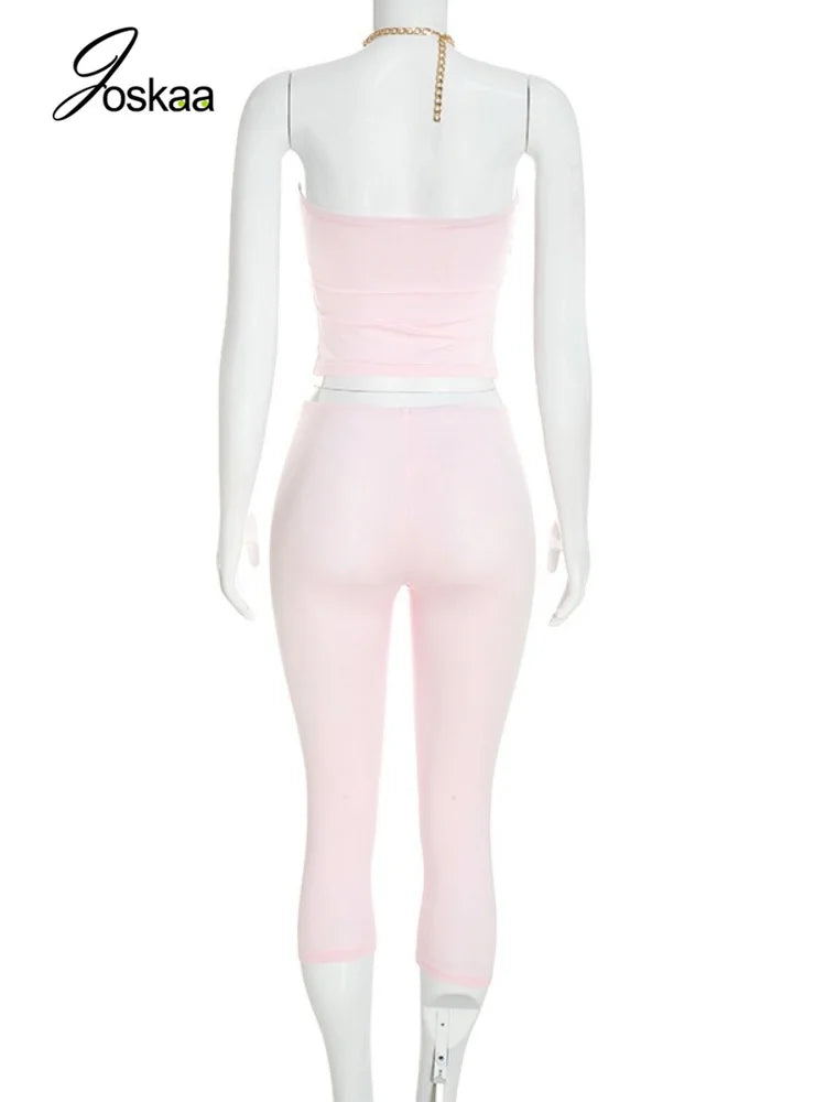 Sleeveless Solid Color Metal Ring Corset Crop Top+ High Waist Capri Pants Women's 2-Piece Set