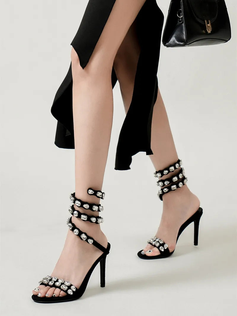 Rhinestone Crystal Embellished Spiral Band Stiletto Heel Gladiator Open Toe Sandal Pumps