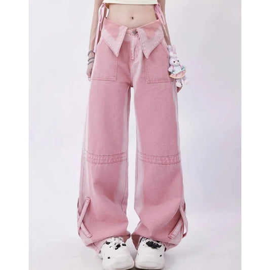 Soft Pink/Turquoise Colorblock Washed Women's Contrast Color High Waist Wide Leg Hip-Hop Cargo Jeans