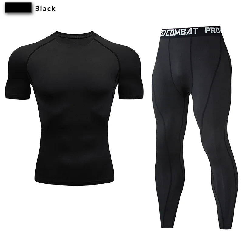 Men's Compression Gym Biking Shirt + Workout Leggings Fitness Athleseuire Set