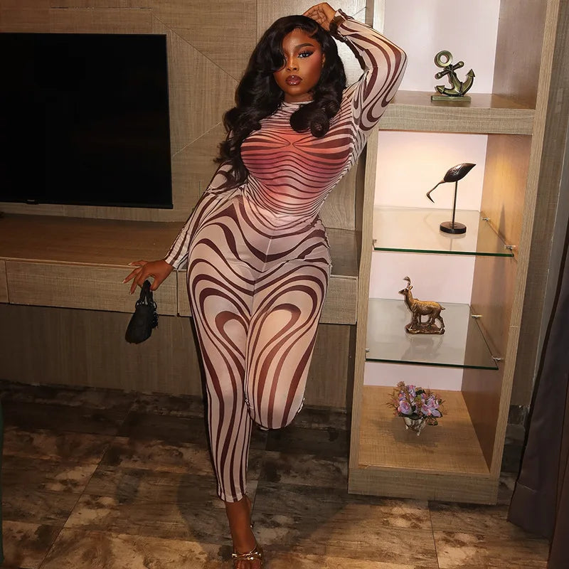 Gradient Zebra Striped Print Turtleneck Long Sleeve Top + Skinny Leggings Women's 2-Piece Set