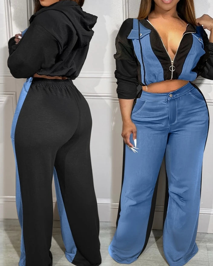 Patchwork Blue/Black Women's Colorblock Zipper Hoodie Jacket + High Waisted Pants 2-Piece Set