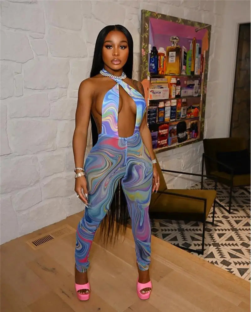 Swirl Print Mesh Sheer Transparent Sleeveless Women's Sexy Hollow-Out Backless Skin Tight Jumpsuit
