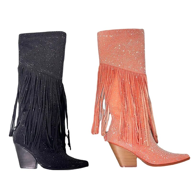 Glitter Crystal Long Tassel Knee High Wood Chunky Heel Pointed Toe Boots