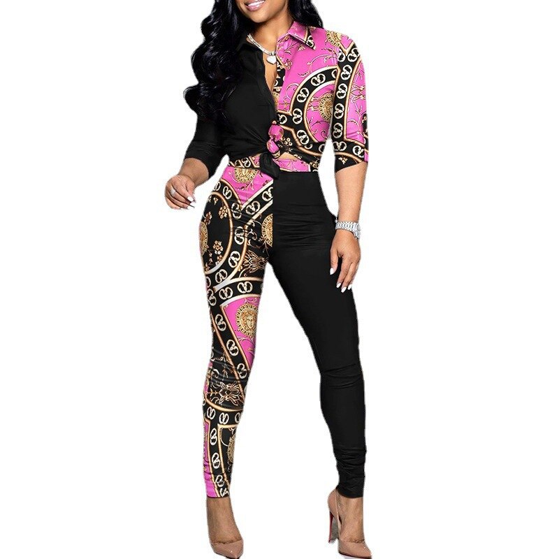 Irregular Printed Colorblock Long Sleeve Lapel Shirt + Pants 2-Piece Set