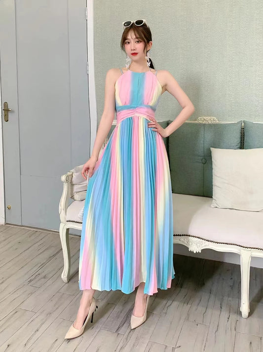 Pastel Rainbow Striped Colorblock Halter Spaghetti Strap Maxi Dress