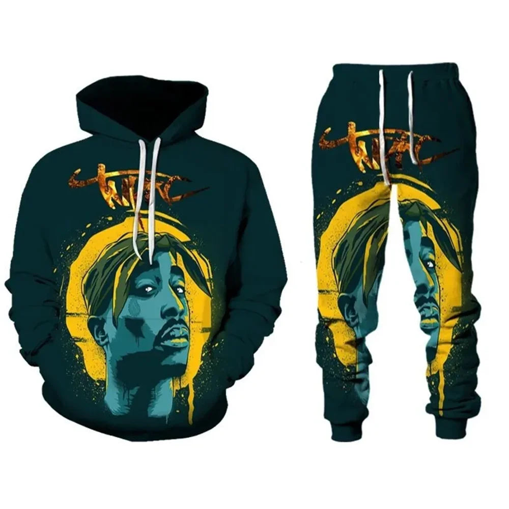 Drawstring Men's Unisex Tupac 3D Graphic Print Hoodie Sweatshirt + Jogger Sweatpants Tracksuit
