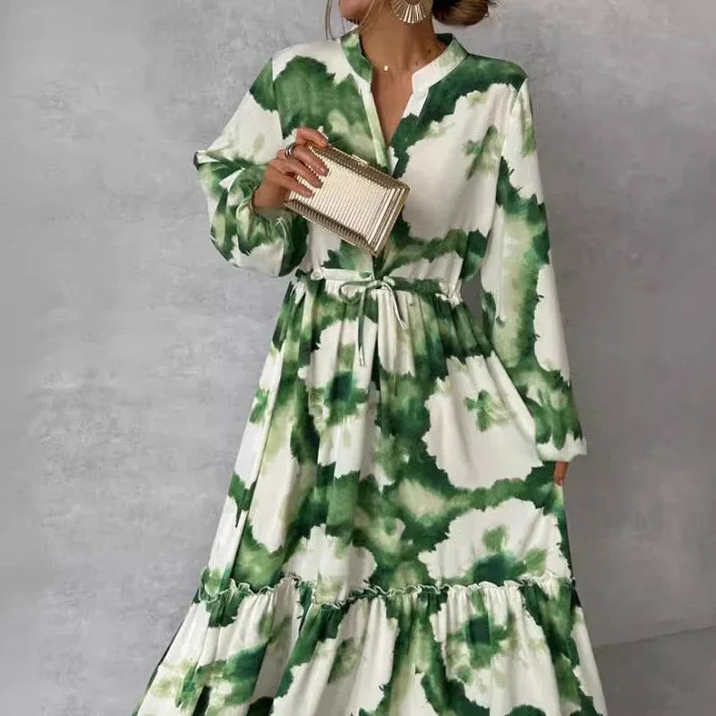 Ruffled Floral Print Puff Long Sleeve Turn-Down Collar Maxi Dress
