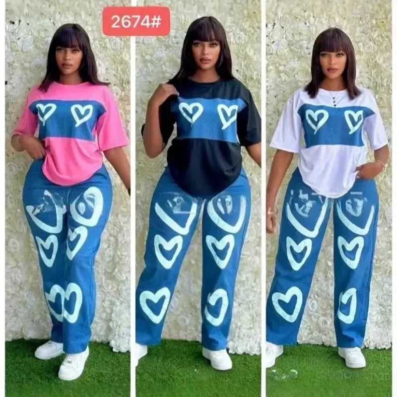 Colorblock/Big Heart Print Women's Top + Wide Leg Pants 2-Piece Set