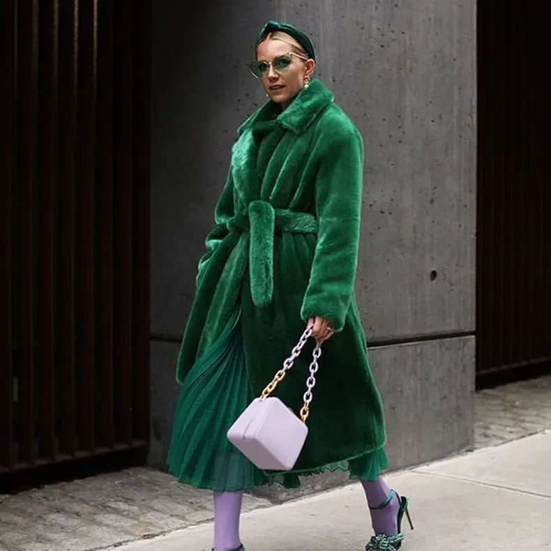 Plush Faux Fur Turn-Down Collar Solid Color Women's Loose Trenchcoat w/ Sash Belt to 5X Plus Size