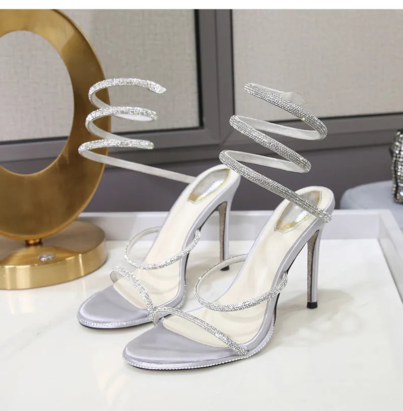 Spiral Snake Twine Band Crystal Rhinestone Thin Stiletto Heel Gladiator Sandal Pumps