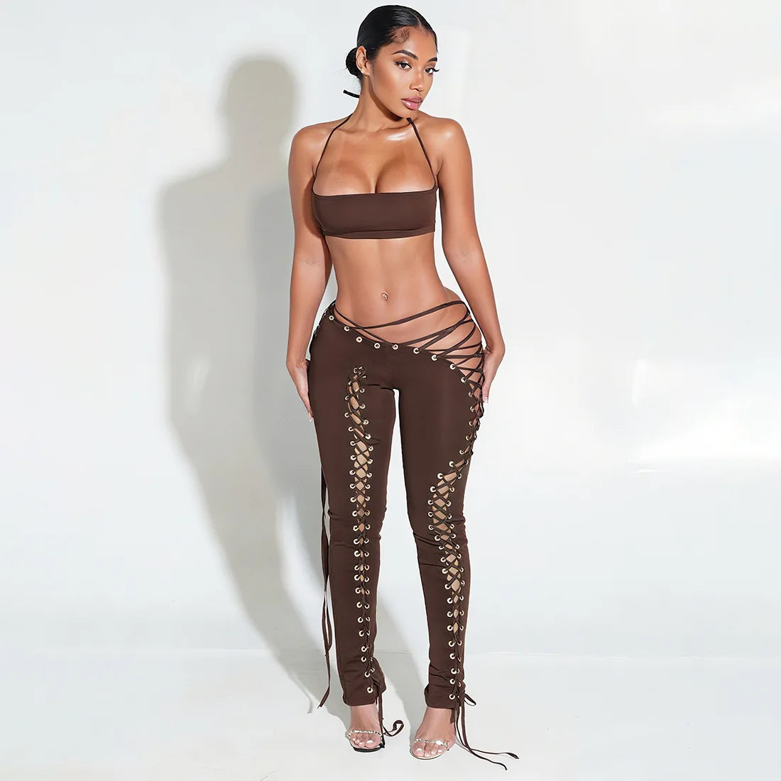 Sexy Women's Sleeveless Crop Tank Top + Criss-Cross Lace-Up Hollow-Out Bandage Leggings 2-Piece Set