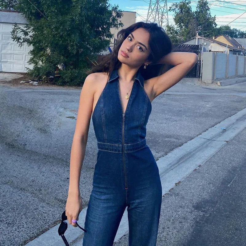 Denim V-Neck Sleeveless Zipper Front Turn-Down Collar Flared Leg Jean Jumpsuit