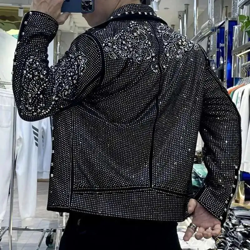 Men's Black PU Leather Rhinestone Hot Drill Design Turn-Down Collar Hip-Hop Biker Jacket