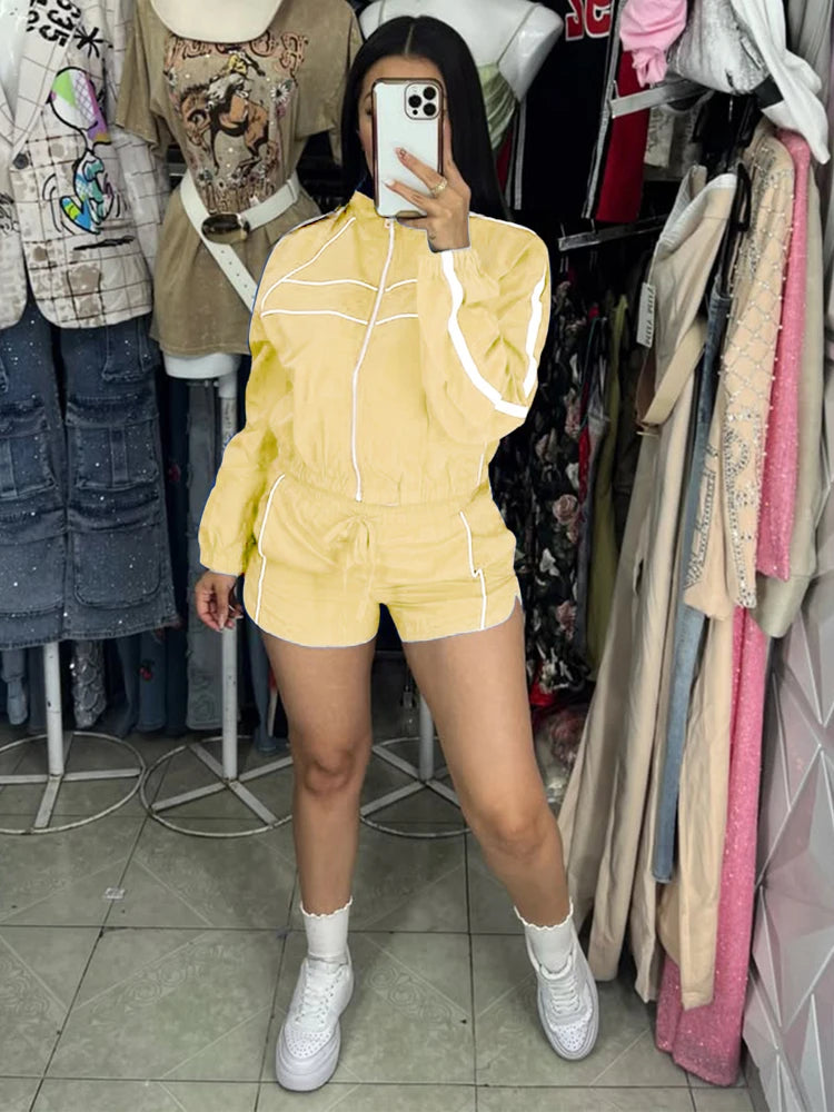 Side Striped Women's Long Sleeve Fitness Zipper Jacket + Mini Gym Shorts 2-Piece Tracksuit