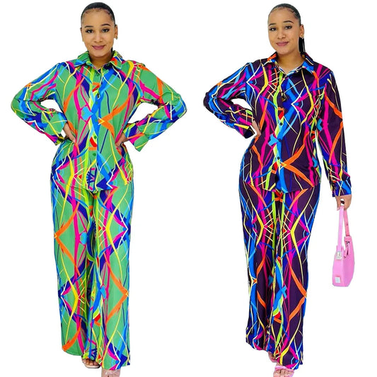 Abstract Print Long Sleeve V-Neck Turn Down Collar Blouse + Pants 2-Piece Set