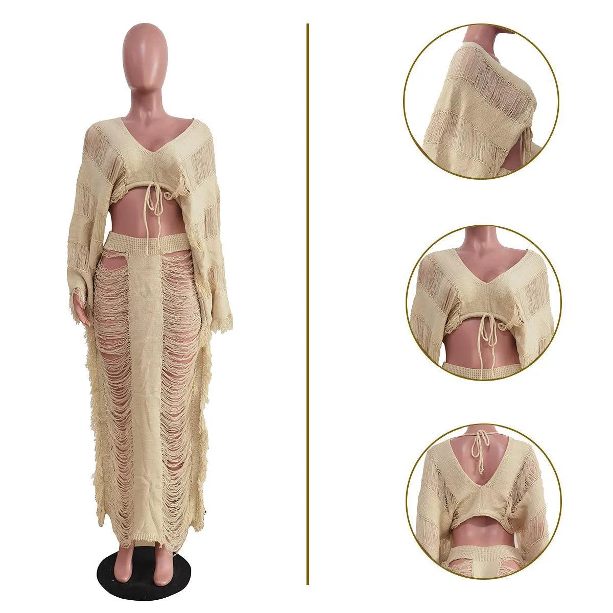 Solid Hollow-Out Tassel Hole Lace-Up Cropped V-Neck Long Sleeved Blouse + Matching Maxi Skirt 2-Piece Set