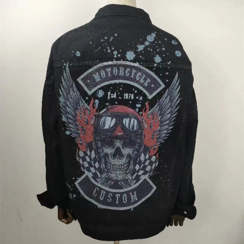 Men's Retro Black Assorted Printed Ripped Loose Streetwear Motorcycle Biker Hip-Hop Jean Jacket