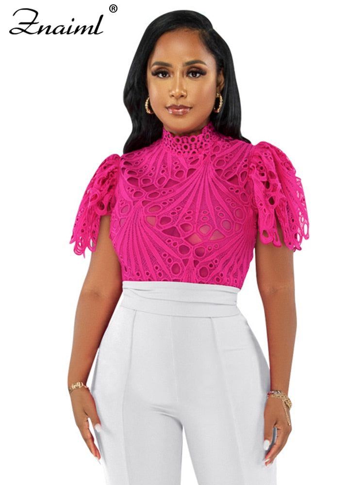 Hollow Out Mesh Lace Transparent Cropped Blouse