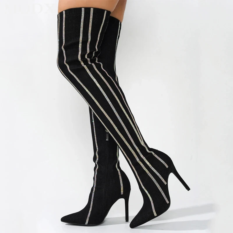 Striped Denim Over-the-knee Glitter Crystal Embellished Pointed Toe Stiletto Heel Jean Boots