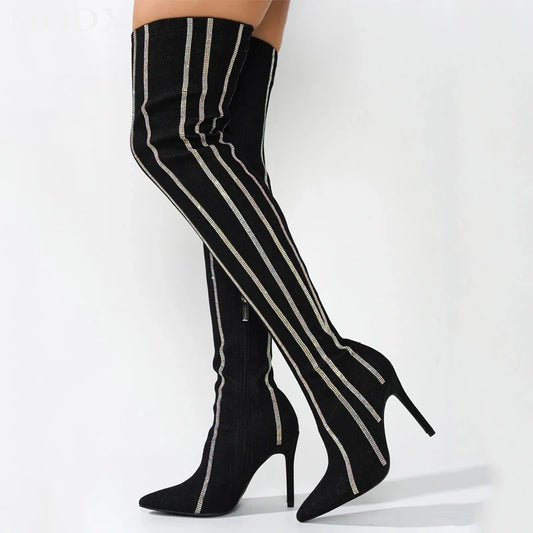 Striped Denim Over-the-knee Glitter Crystal Embellished Pointed Toe Stiletto Heel Jean Boots