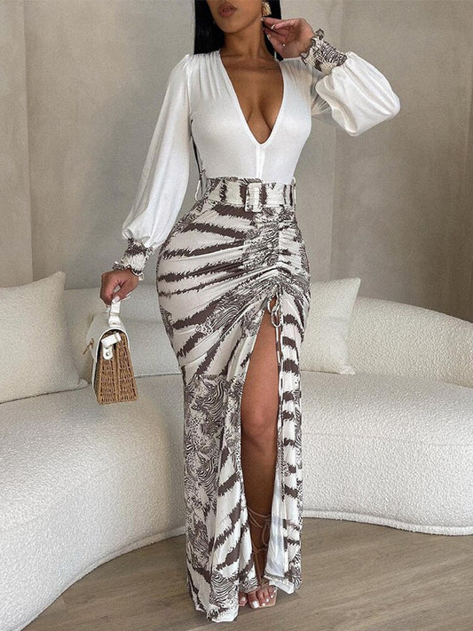 Geometric/Floral/Tropical/Zebra Print Plunge High Slit Drawstring Maxi Dress