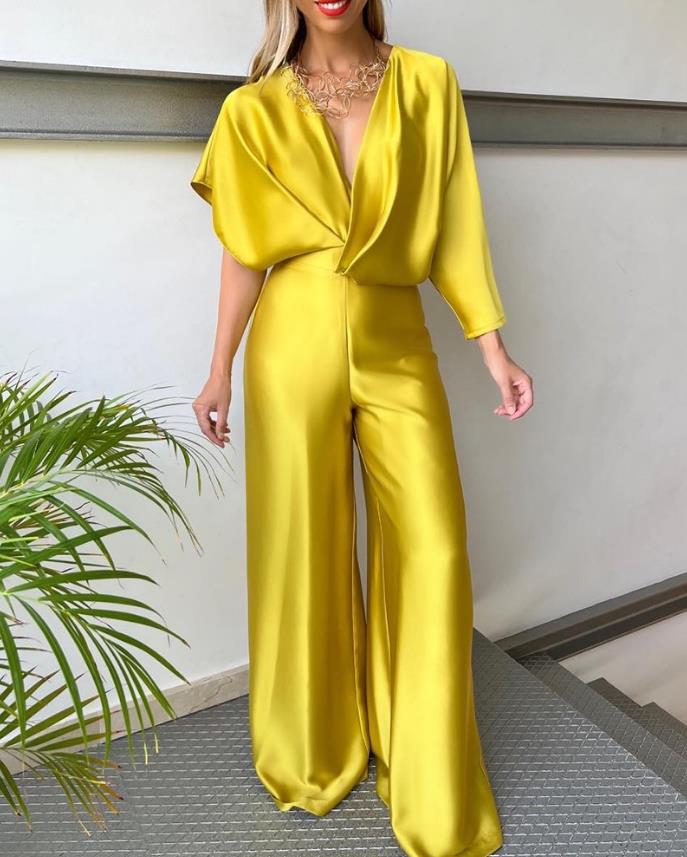 Plunge Neckline Satin Asymmetrical Sleeve Backless Wide Leg Jumpsuit