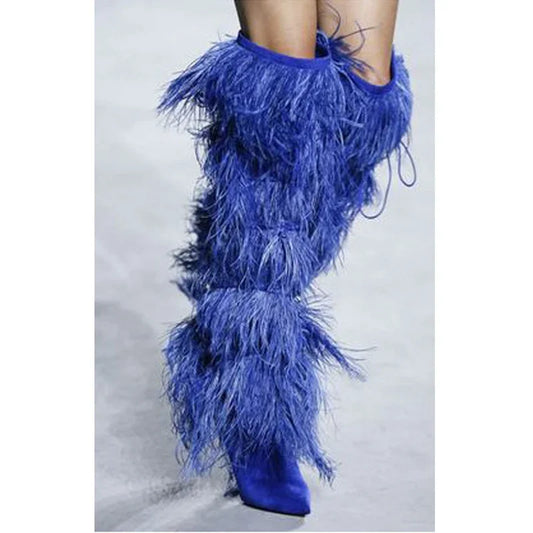 Silk Women's Feather Faux Fur Tassel Strap Bandage Over-the-Knee Thin High Heel Riding Boots