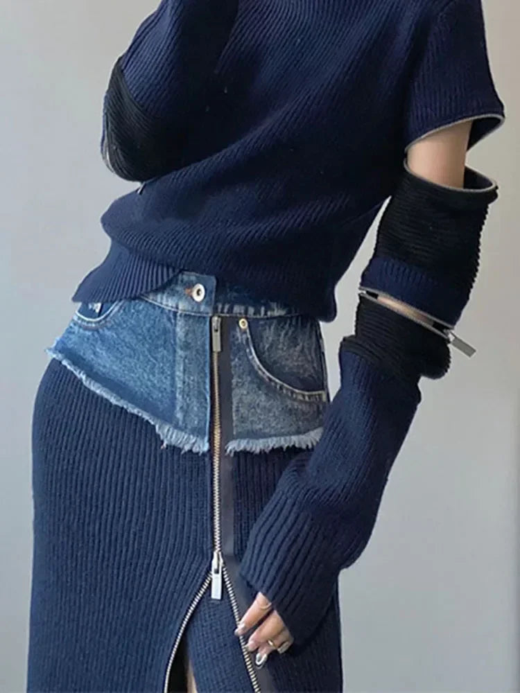 Turtleneck Zipper Detail Patchwork Navy Hollow-Out Long Sleeve Sweater + Denim Colorblock Zipper Skirt 2-Piece Set