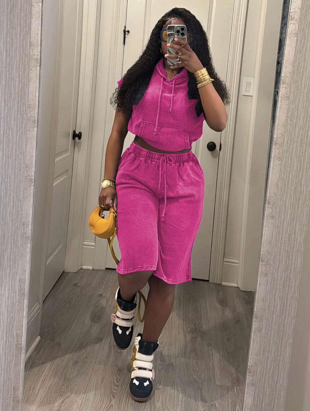 Washed Mock Denim Sleeveless Streetwear Women's Hoodie Top + Drawstring Shorts 2-Piece Set