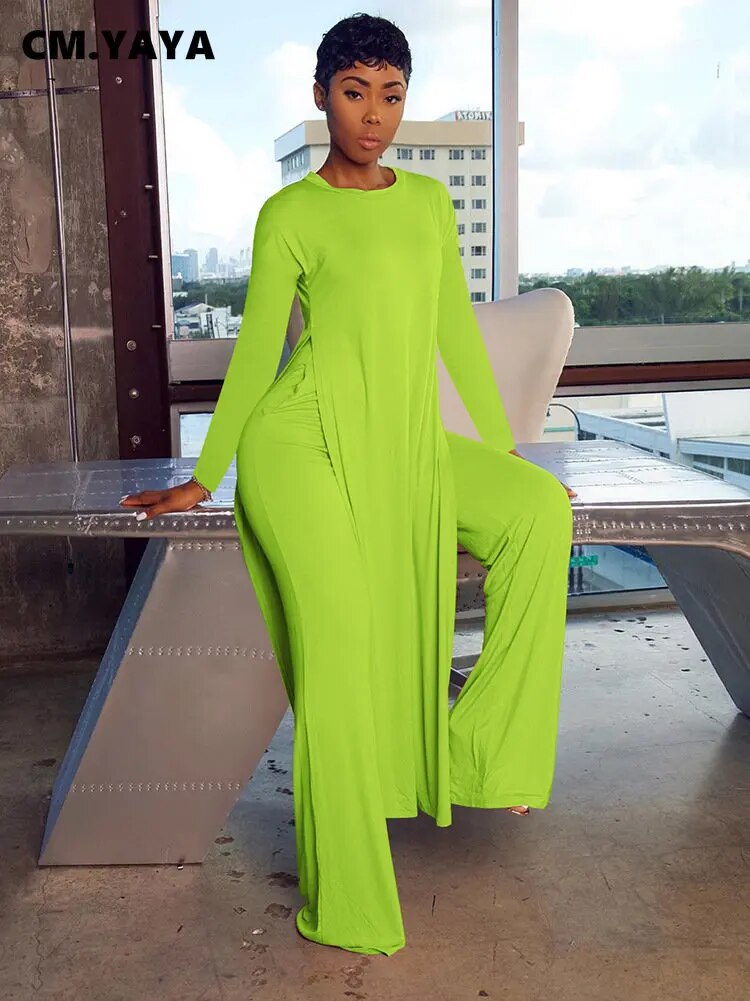 Draped Women's Long Sleeve High Slit Maxi Top + Matching Elastic Waist Pants 2-Piece Set