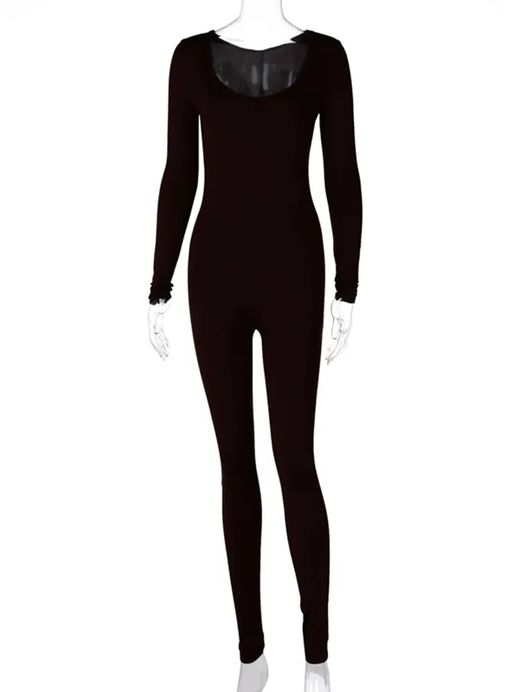 Slash Neck Skinny Solid Long Sleeve Bodycon Jumpsuit