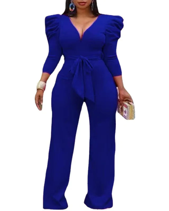 Sash Bowtie Belt/Ruffled Deep V-Neck Puff Sleeve Jumpsuit