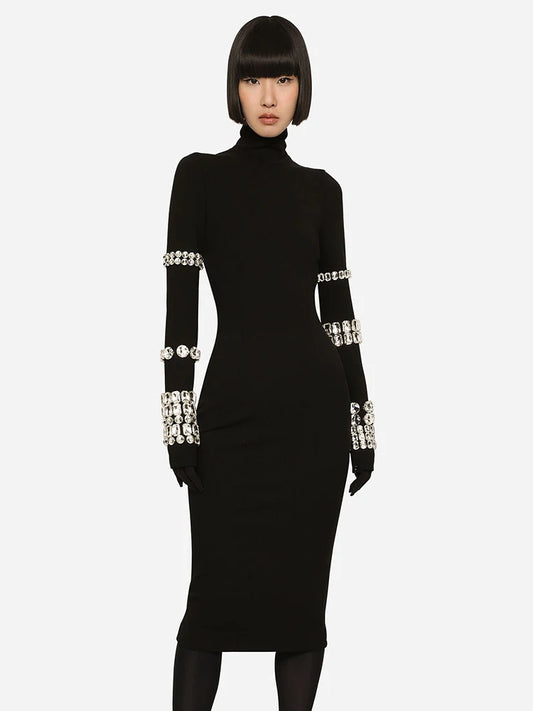 Turtleneck Black Long Rhinestone Sleeve Bandage Dress