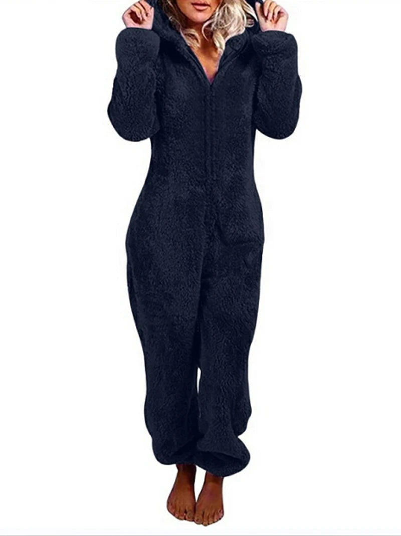 Faux Fur Fleece Women's Onesie Zipper Hoodie Teddy Jumpsuit