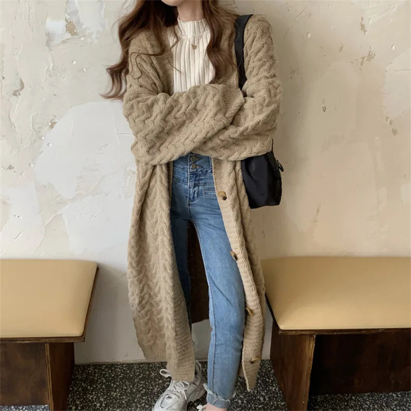 Knitted Twisted Weave Pattern Button Front Women's Maxi Cardigan Sweater