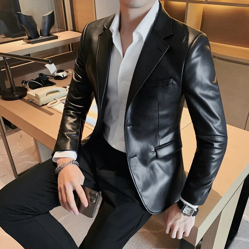 Men's Leather Single Breasted Slim Fit  Leather Blazer Jacket