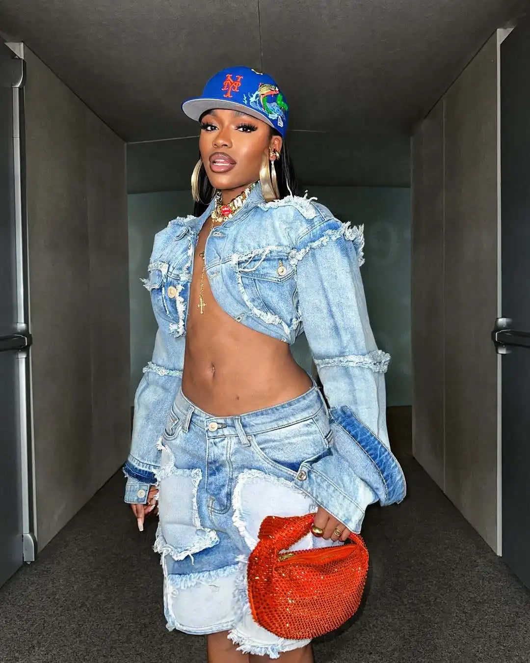 Denim Turn-Down Collar Cropped Jean Jacket + Ripped Colorblock Knee Length Shorts Women's 2-Piece Set