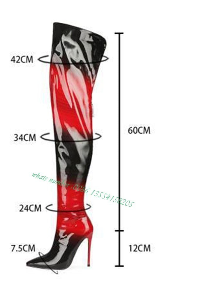 Black/Red Gradient Over The Knee Boots Glossy Pointed Toe Stiletto Heels Back Zipper Women's Boots