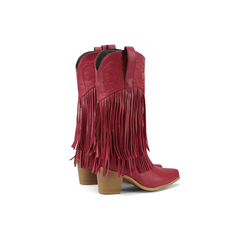 Western Tassel Fringe Totem Design Pointed Toe Women's Wedge Heel Knee-High Cowgirl Rodeo Boots