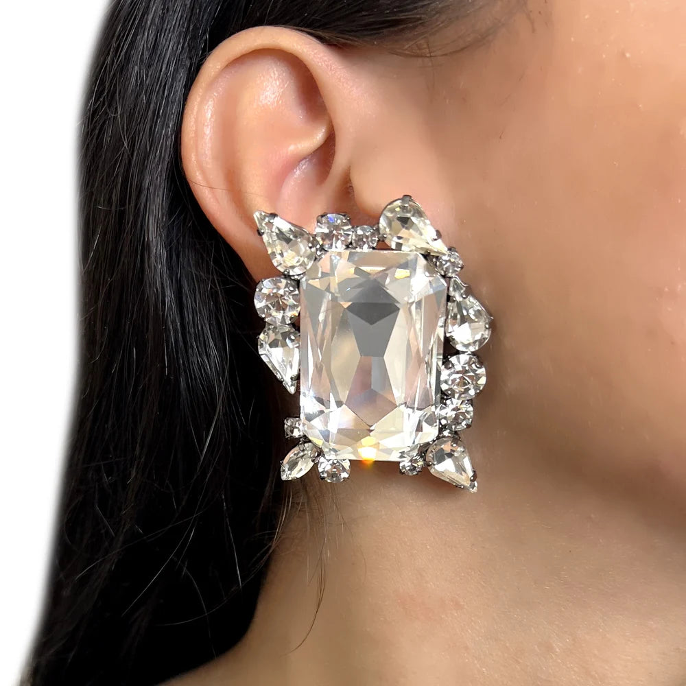 Oversized Geometric Rhinestone Square Earrings with Matching Choker 2-Piece Jewelry Set