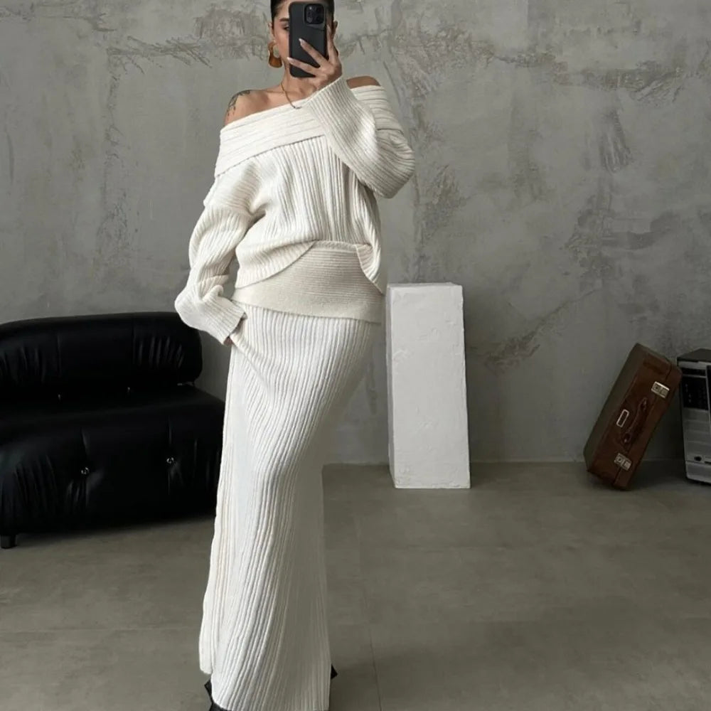 Off-the-Shoulder Women's Sweater + Solid Knitted Maxi Skirt Two-Piece Sweater Set