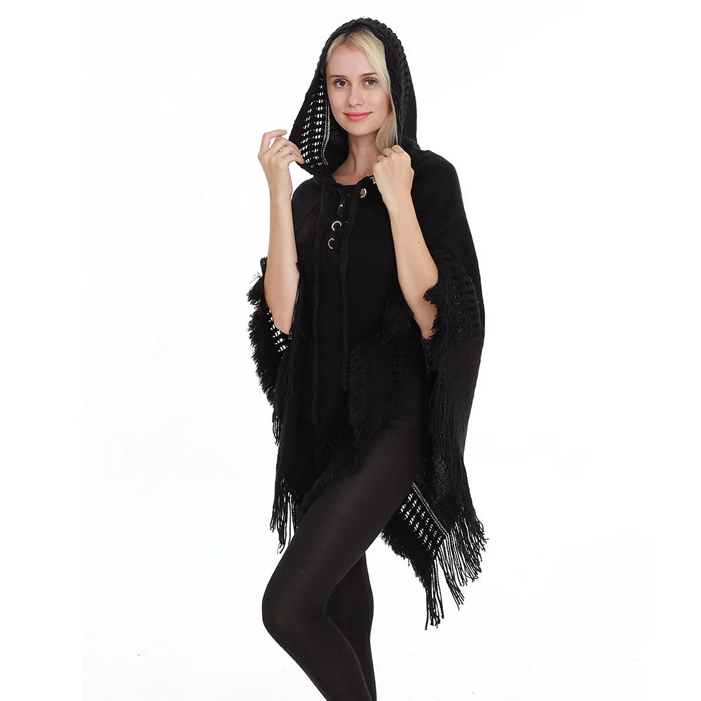 Fringe Tassel Women's Knitted Hooded Crochet Shawl Wrap Sweater